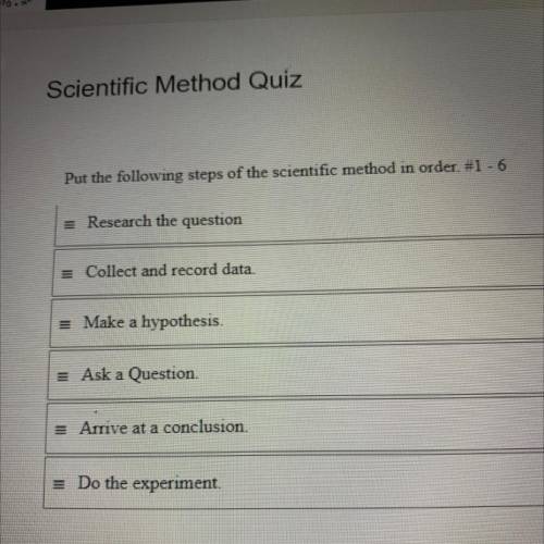 Put the following steps of the scientific method in order. #1 - 6

= Research the question
= Colle