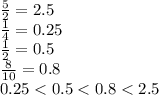 \frac{5}{2}  = 2.5 \\  \frac{1}{4}  = 0.25 \\  \frac{1}{2}  = 0.5 \\  \frac{8}{10}  = 0.8 \\ 0.25 < 0.5 < 0.8  < 2.5