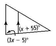 Find the value of x and y. Then find the measure of each labeled angle.

x = 
3x-5 = 
x+55 =