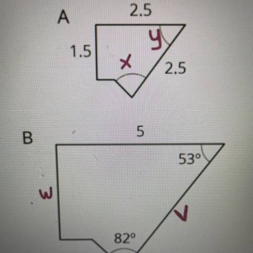 PLEASE HELP MEEEEE!!!

B. Determine the measure of each angle marked with x and y in Polygon A.
C.
