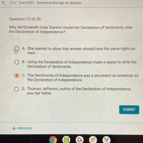 Helppp me

 
Why did Elizabeth Cady Stanton model her Declaration of Sentiments after the Declarati