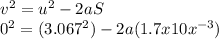 v^{2}= u^{2} -2aS\\0^{2} =(3.067^{2} )-2a(1.7x10x^{-3} )\\