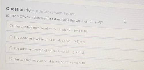 Question 10(Multiple Choice Worth 1 points) (01.02 MC)Which statement best explains the value of 12