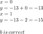 x = 0 \\ y =  - 13  + 0 =  - 13\\ x = 1 \\ y =  - 1 3 - 2 =  - 15 \\  \\ b \: is \: correct