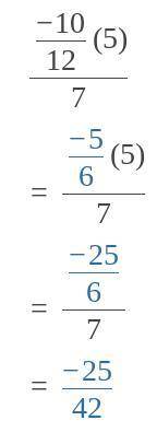 Multiply.

(−10/12)⋅5/7
What is the product?
Enter your answer as a fraction, in simplified form, i