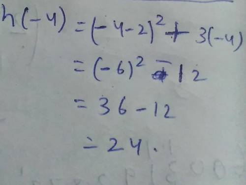 Enter the value of h(-4) for h(x)=(x-2)2+3x in the box.