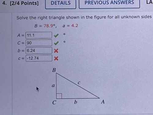 Solve the right triangle shown in the figure for all unknown sides and angles. Round your answers t