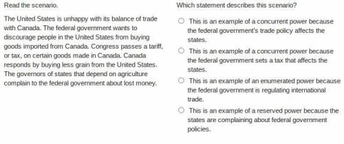 Read the scenario.

The United States is unhappy with its balance of trade with Canada. The federa