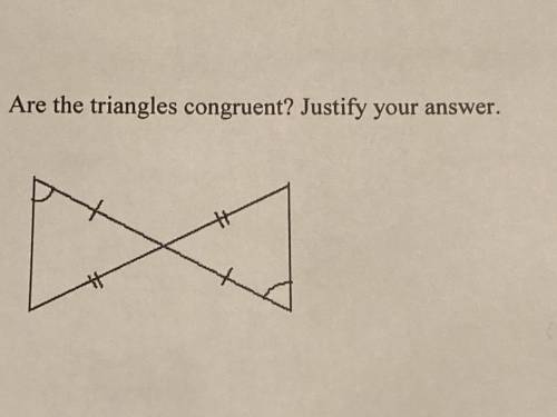 Somewhat easy geometry for 10 pts. Are the triangles congruent? Justify your answer. (picture inclu