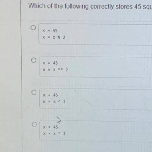 Which of the following correctly stores 45 squared in the variable x?