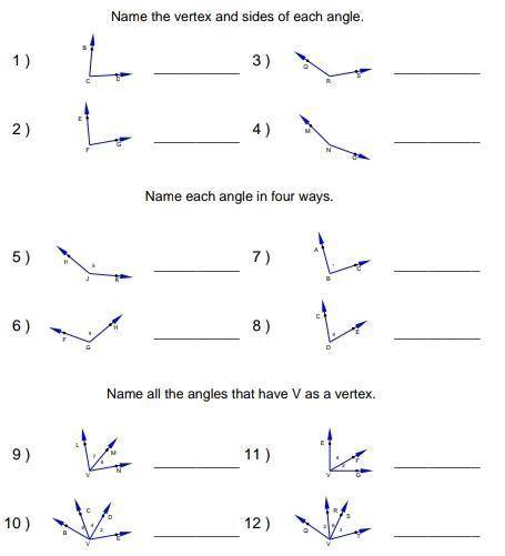 Name the vertex and sides of each angle