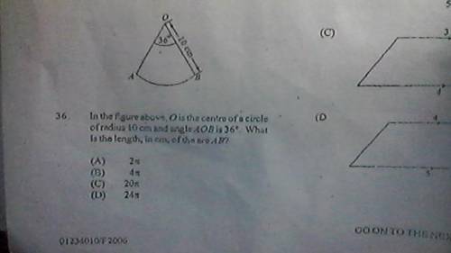 O is the centre of a circle of radius 10cm and angle AOB is 36 degrees. What is the length in cm of