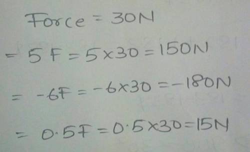 3. A force F = 30N, east. Find 3.1. 5F 3.2. - 6F 3.3. 0.5 F​