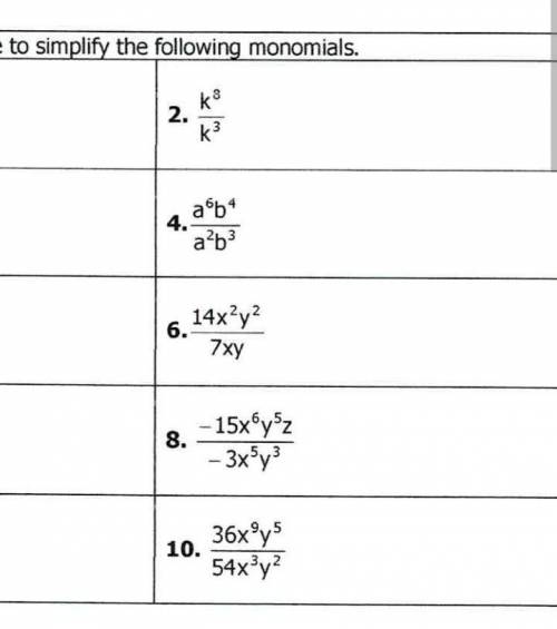 Directions:Use the quotient rule to simplify the following monomials.

ANYONE PLEASE HELP ME I REA