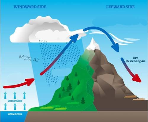 A mountain near an ocean to illustrate how mountains can affect climate. include these labels in you