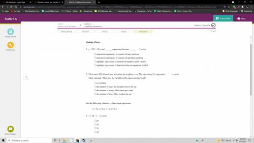 Please tell me all the answers for Algebraic Expressions MATH 6