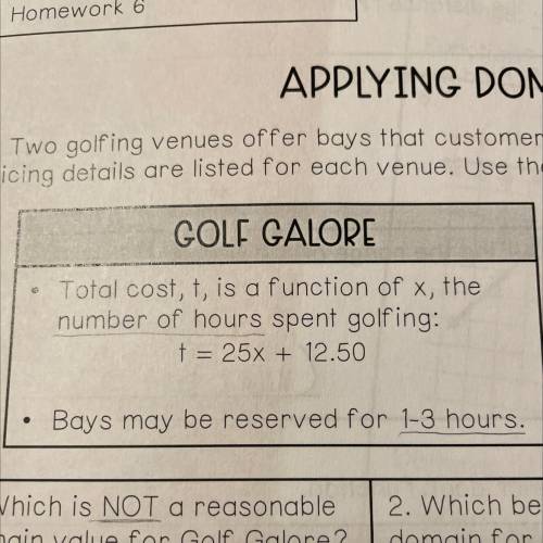 Which best represents the domain for Golf Galore?

A. All real numbers
B. 1 ≤ x ≤ 3
C. { 1 ,2 ,3 }