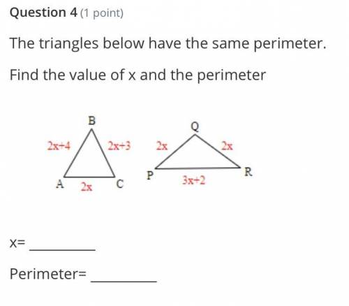 Can Somebody Help me with this?

The triangles below have the same perimeter 
Find the value of x