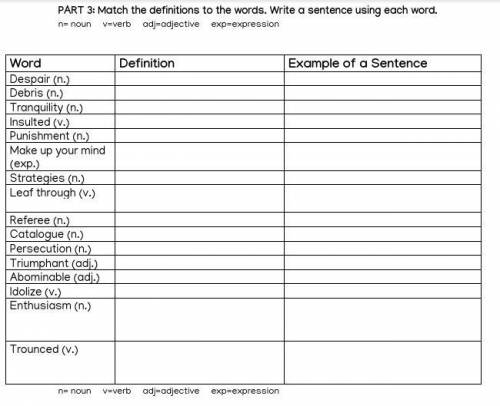 PART 3: Match the definitions to the words. Write a sentence using each word.

n= noun v=verb adj=