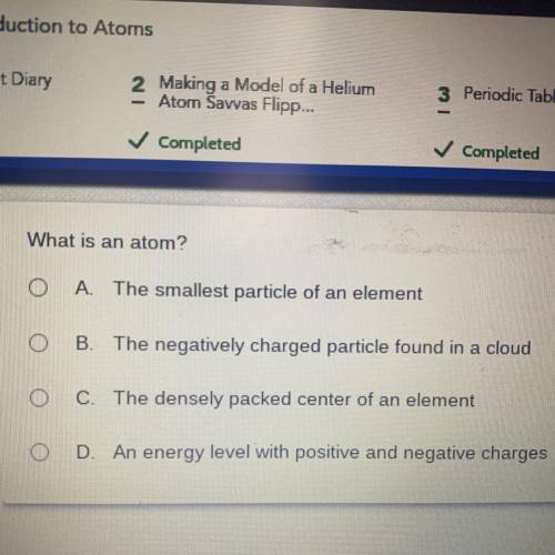 What is an atom? A- the smallest particle of an element. B- the negatively charged particle found i