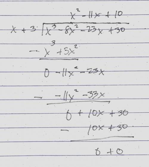 If f(x)=x^3-8x^2-23x+30 and x+3 is a factor if f(x), then find all of the zeros of f(x) algebraicall