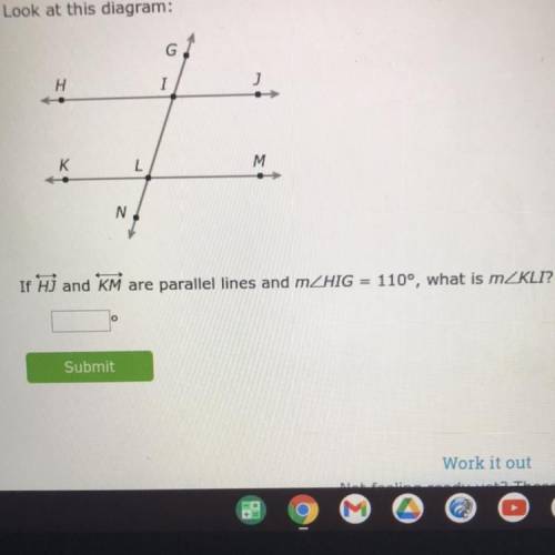 If HJ and KM are parallel lines and m HIG = 110 degrees, what is m KLI?