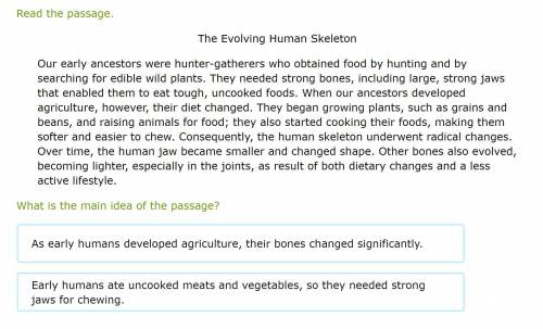 What is the main idea (gist)?

A.As early humans developed agriculture, their bones changed signif