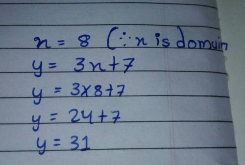 In the equation, y = 3x + 7 what is the range when the domain is 8.
15
45
31
24
