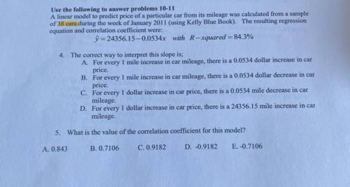 Use the following to answer problems 10-11

A linear model to predict price of a particular car fr