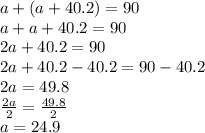 a +(a +40.2) = 90 \\ a +a +40.2 = 90 \\ 2a +40.2 = 90 \\ 2a +40.2 -40.2 = 90 -40.2 \\ 2a = 49.8 \\ \frac{2a}{2} = \frac{49.8}{2} \\ a = 24.9