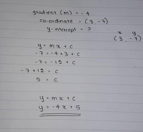 Write the equation of the line in standard form that has slope m= -4 and through the point (3,-7).