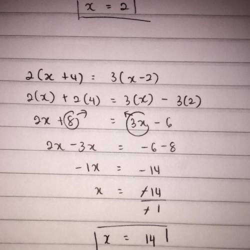 Find X
2 (x + 4) = 3 (x - 2)