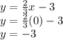 y = \frac23 x -3 \\ y = \frac23 (0) -3 \\ y = -3