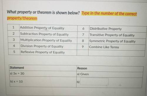 What property or theorem is shown below? Type in the number of the correct property/theorem 1 6 Dis