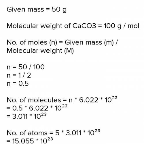 Calculate the number of different atoms in 5.0 gram of CaCO3
