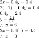 2x + 0.4y = 0.4 \\ 2( - 1) + 0.4y = 0.4 \\ 0.4 y = 2.4 \\ y =  \frac{2.4}{0.6}  \\  \therefore \: y = 6 \\ 2x + 0.4(1) = 0.4 \\ \therefore \: x = 0