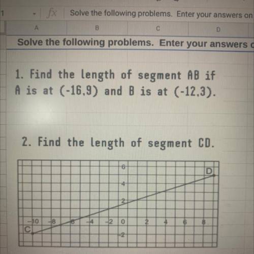 Find the length of segment AB if A is at (16,9) and B is at (-12,3).
Find the length of CD.