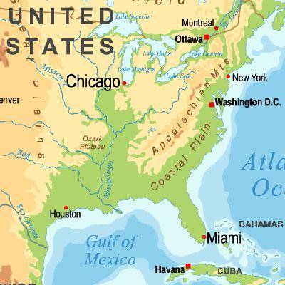 Jessica is traveling from Miami, Florida, to Chicago, Illinois. Using the map, tell one way the lan