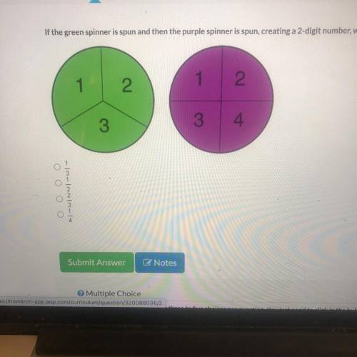 If the green spinner is spun and then the purple spinner is spun, creating a 2-digit number, what i
