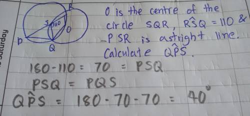 In the figure, O is the centre of the circle SQR, RSQ = 110° and PSR is a straight line. Calculate