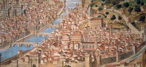 Look at the image of Florence, Italy painted about 1490. How can you tell that this was an importan