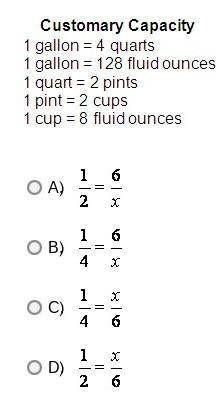 Which proportion would you set up to change 6 cups to pints?A.B.C.D.