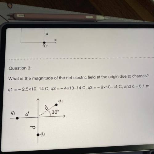 What is the magnitude of the net electric field at the origin due to charges?

q1 =- 2.5x10–14 C,