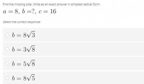 find the missing side. write as an exact answer in simplest radical form. a = 15, 6 = ? c = 39. Scr