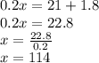 0.2x=21+1.8\\0.2x=22.8\\x=\frac{22.8}{0.2} \\x=114
