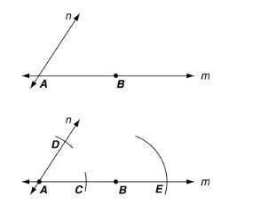 A student was given lines m and n and was asked to construct a line parallel to n through point B .