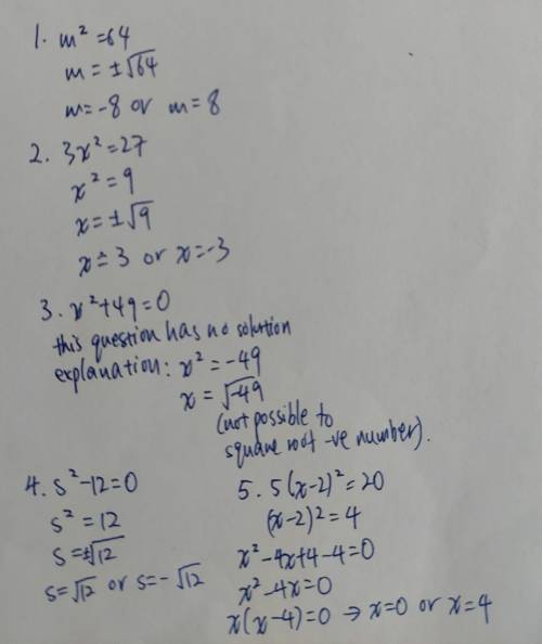 1. Solve the given quadratic equations by extracting square roots. Provide an extra sheet for your s