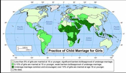 This map shows the percentage of girls aged 16 or under who are married, by country.

A world map