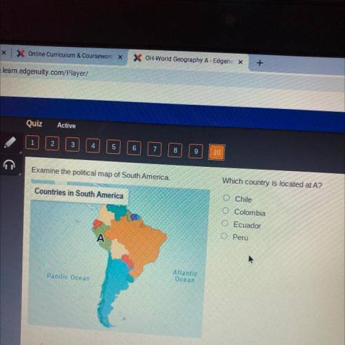 Examine the political map of South America.

Which country is located at A?
Countries in South Ame
