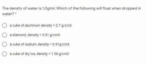 Plz help: The density of water is 1.0g/ml. Which of the following will float when dropped in water?